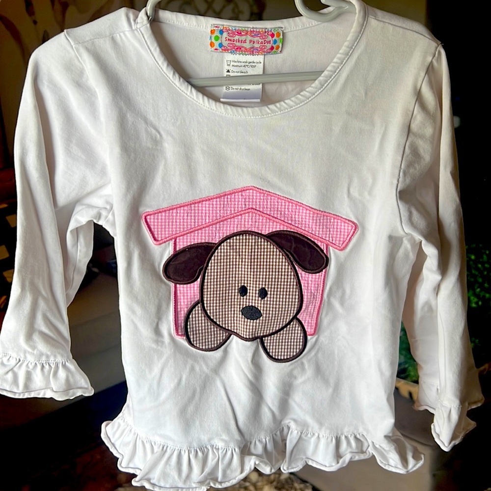 Smocked Polkadot Gingham Ruffle LS Dog Top